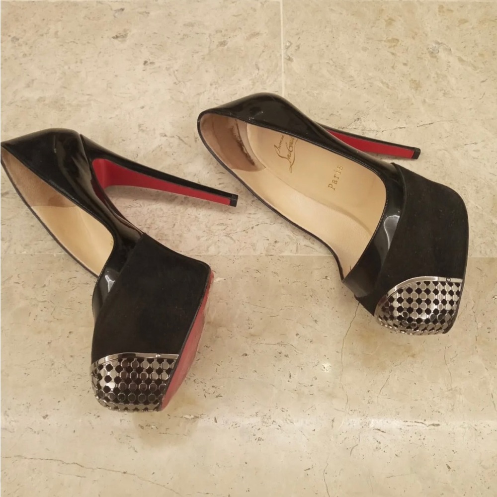 Christian Louboutin Black Patent & Suede Platform Pumps with Red Soles